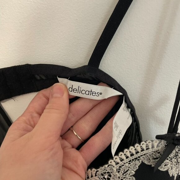 DELICATES Black Cream Ivory Lace Trim Underwired Semi Sheer Babydoll Lingerie L - Picture 4 of 14